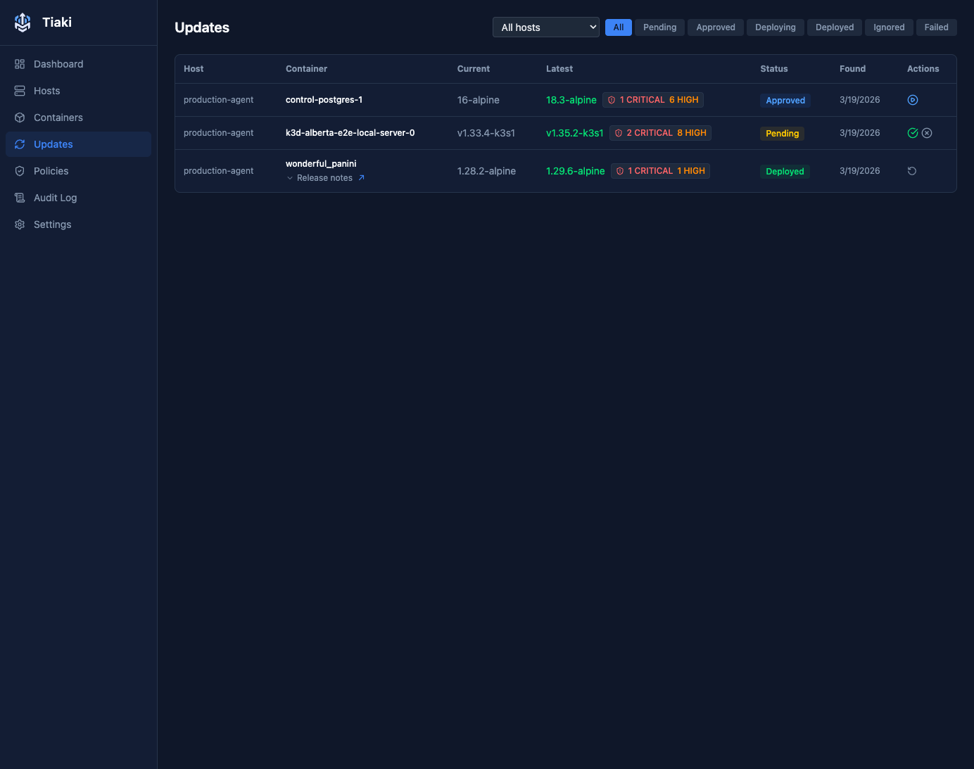 Tiaki Dashboard showing container updates with vulnerability scanning